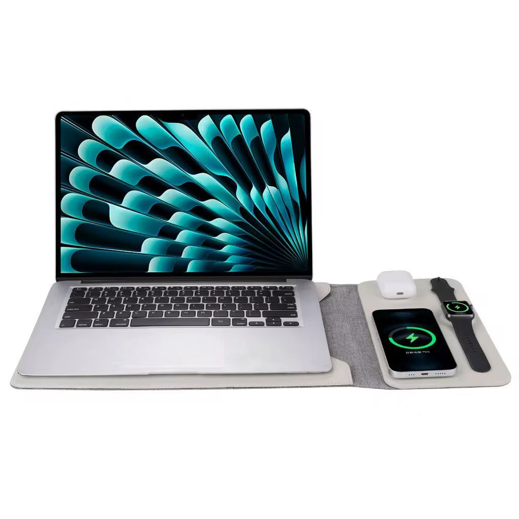 Housse pour ordinateur portable avec chargement sans fil – Apple, Android – Tapis de souris/tapis de bureau double fonctionnalité – Gris