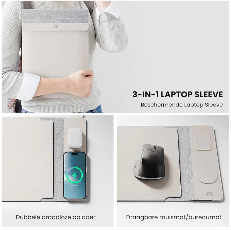 Housse pour ordinateur portable avec chargement sans fil – Apple, Android – Tapis de souris/tapis de bureau double fonctionnalité – Gris