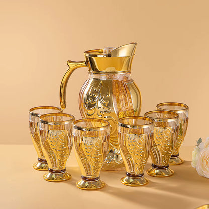 Pichet à eau en verre doré avec couvercle et 6 tasses